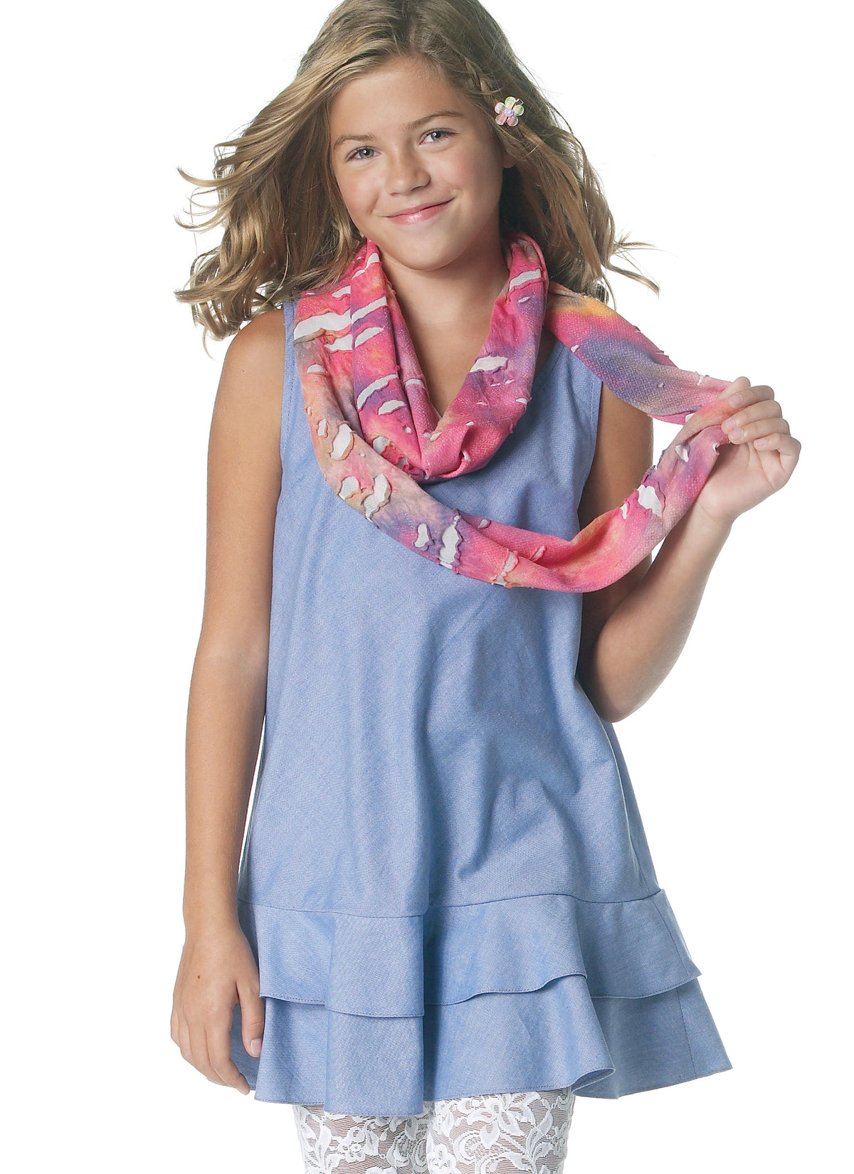 McCall's M6275 pattern envelope showing girls' tunics, dresses, leggings and scarf