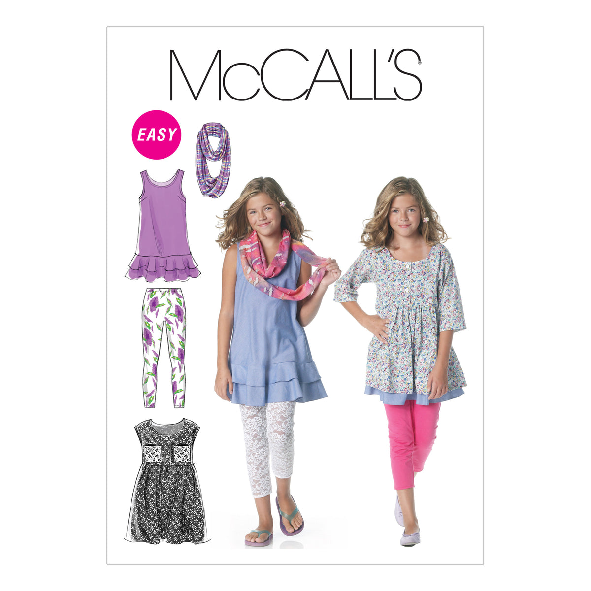 McCall's M6275 pattern envelope showing girls' tunics, dresses, leggings and scarf