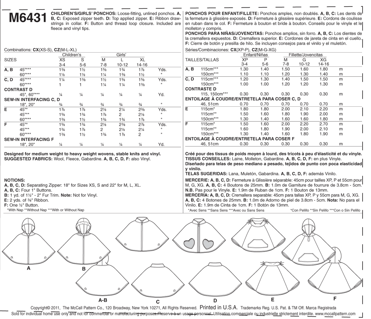 McCall's M6431 pattern envelope showing girls' ponchos