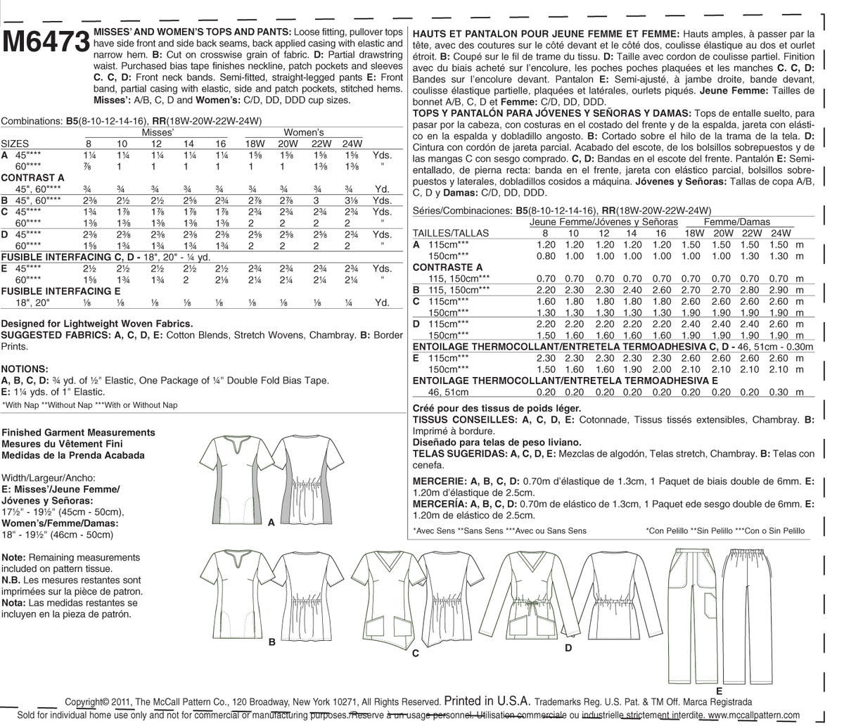 McCall's M6473 sewing pattern envelope showing misses' pullover tops