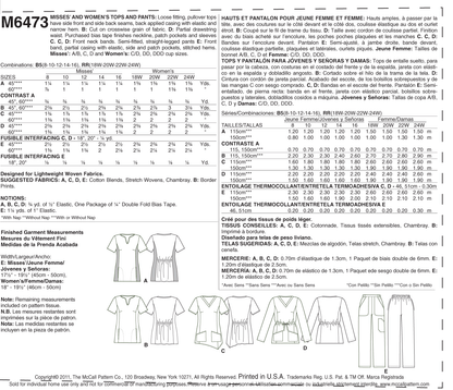 McCall's M6473 sewing pattern envelope showing misses' pullover tops