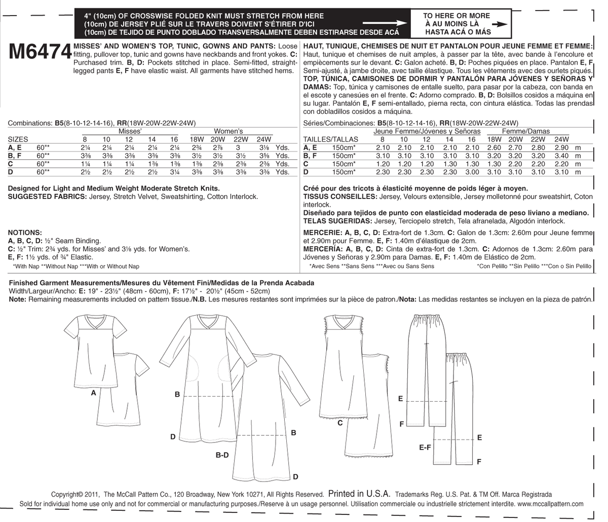 McCall's M6474 sewing pattern envelope showing misses' sleepwear tops, tunic & gowns