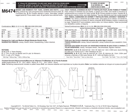 McCall's M6474 sewing pattern envelope showing misses' sleepwear tops, tunic & gowns