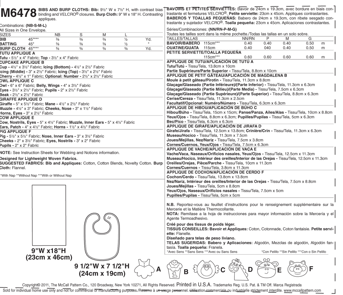 McCall's M6478 sewing pattern envelope showing baby bib