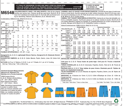 McCall's M6548 sewing pattern envelope showing girls' shirt