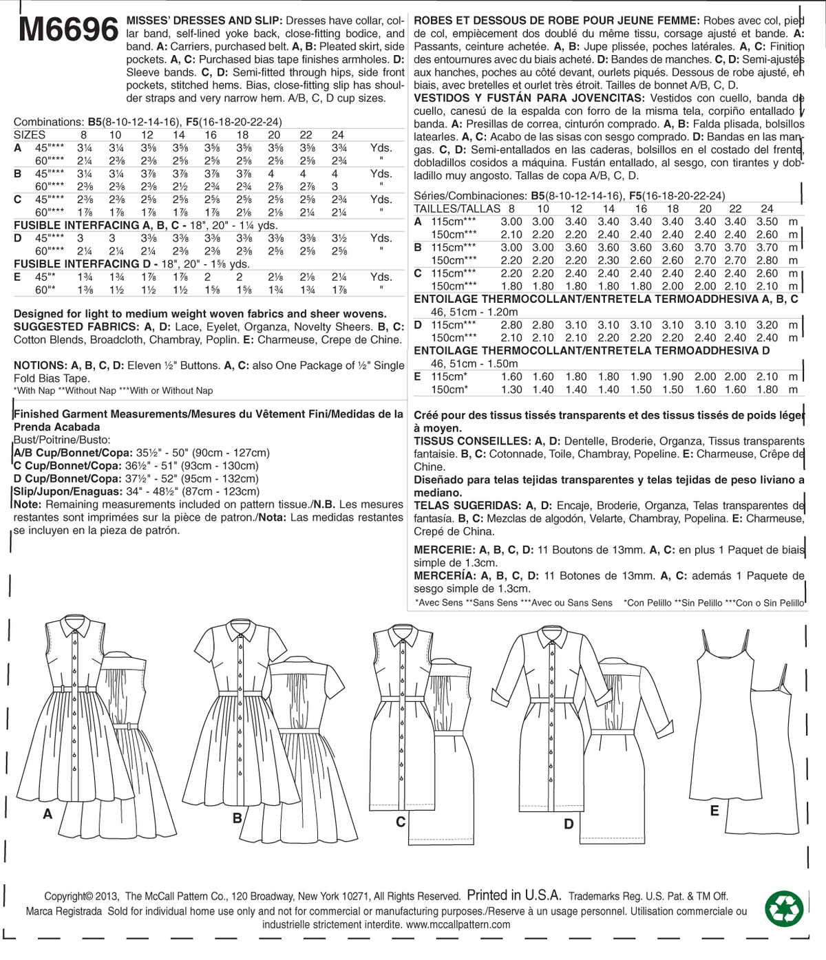 McCall's M6696 sewing pattern envelope showing misses' shirt dress