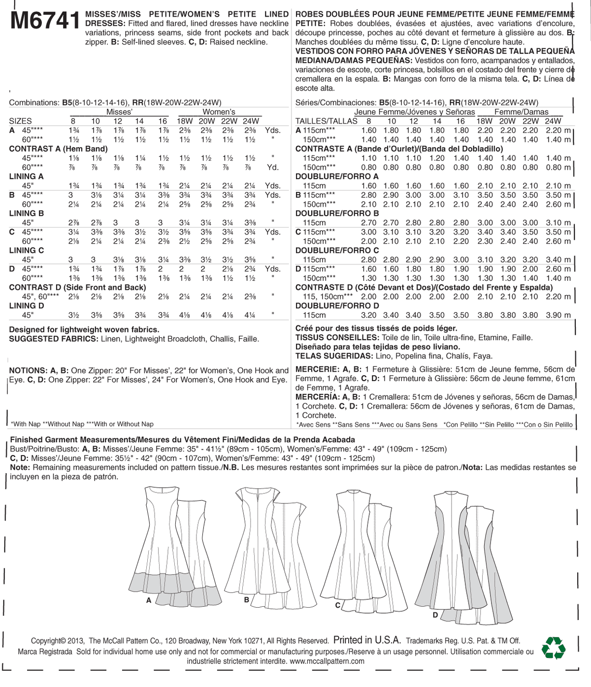 McCall's M6741 sewing pattern envelope showing misses' fit and flare lined dress