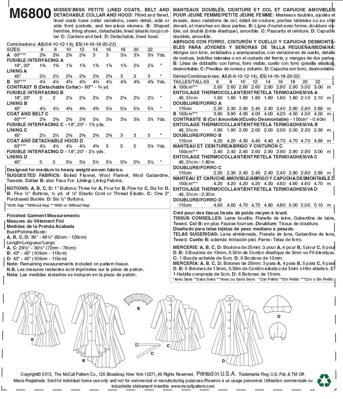 McCall's M6800 sewing pattern envelope showing misses' fit and flare lined coat