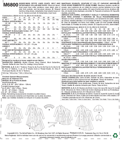 McCall's M6800 sewing pattern envelope showing misses' fit and flare lined coat