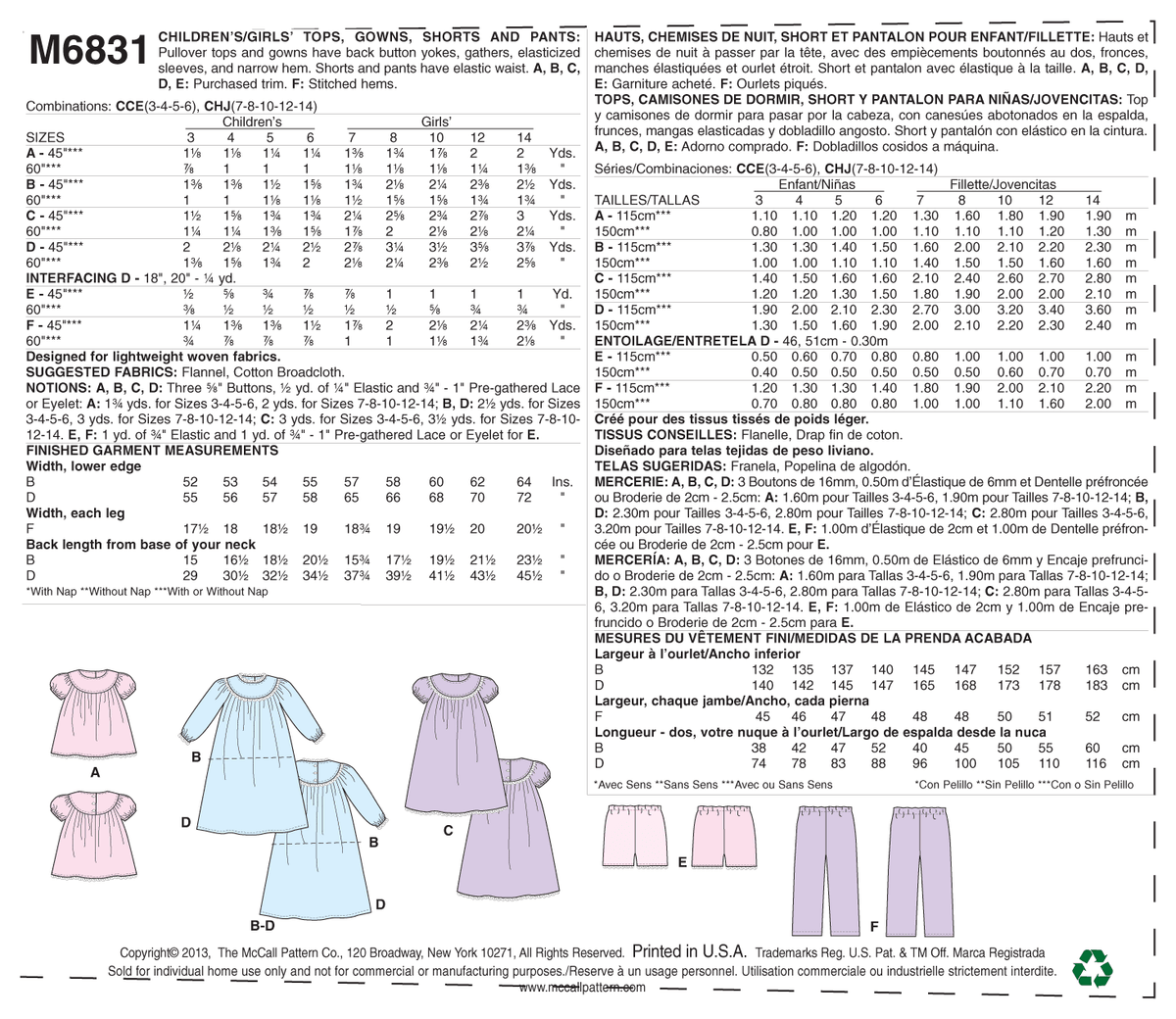 McCall's M6831 sewing pattern envelope showing girls' sleepwear tops & nightgowns