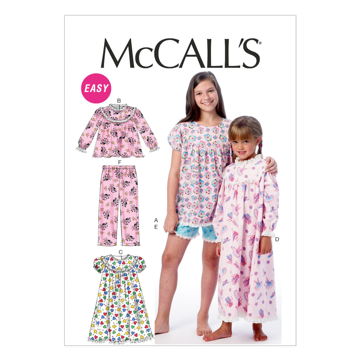McCall's M6831 sewing pattern envelope showing girls' sleepwear tops & nightgowns