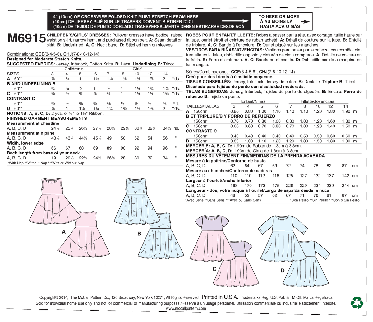 McCall's M6915 sewing pattern envelope showing girls' pullover dress