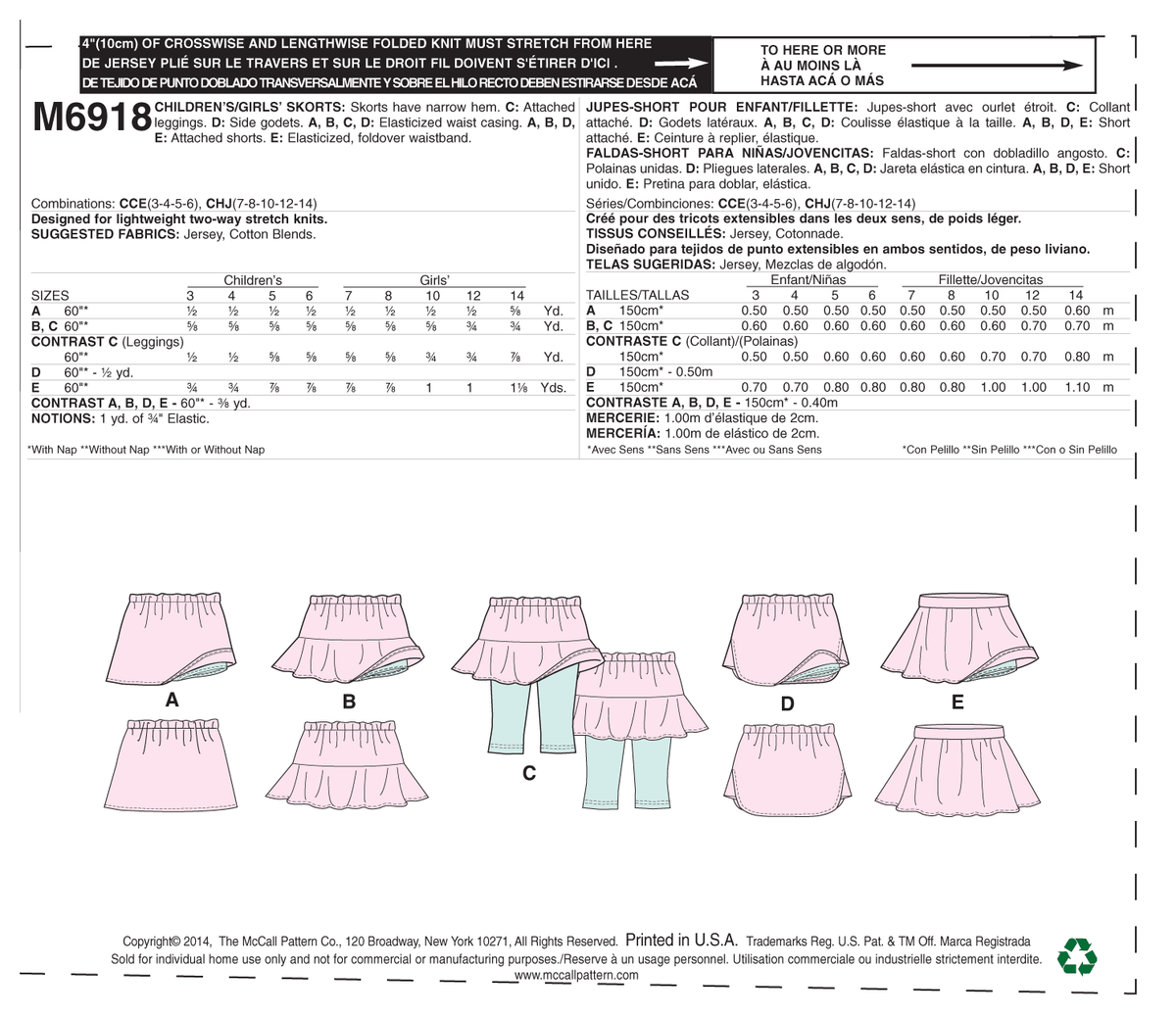 McCall's M6918 sewing pattern envelope showing girls' skorts