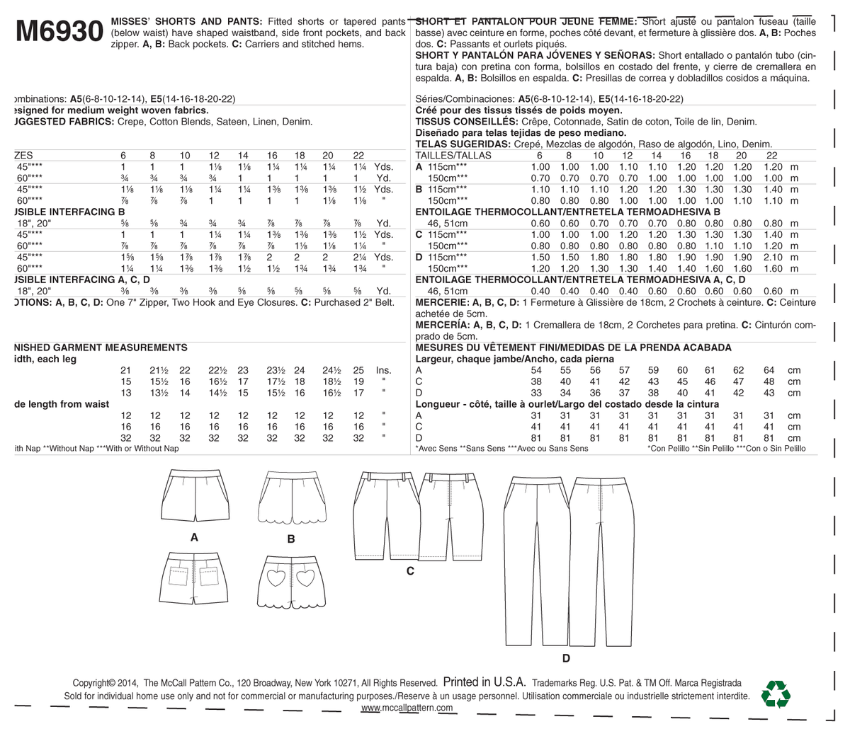 McCall's M6930 sewing pattern envelope showing misses' shorts & tapered trousers