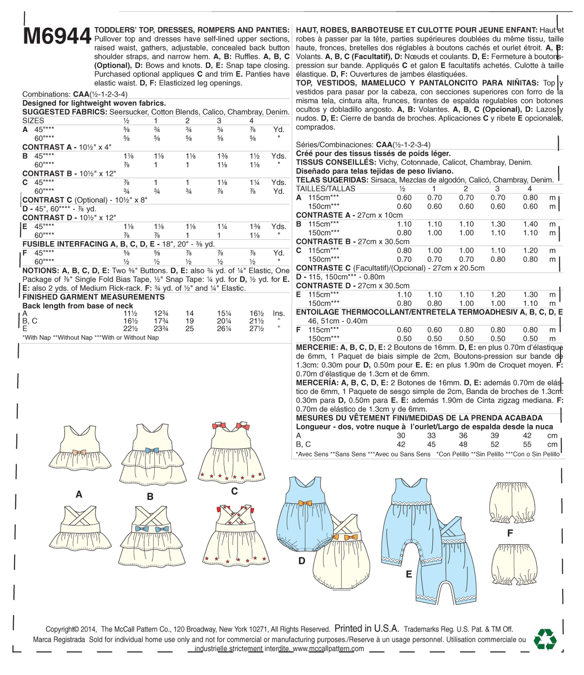 McCall's M6944 toddler top and dress sewing pattern envelope