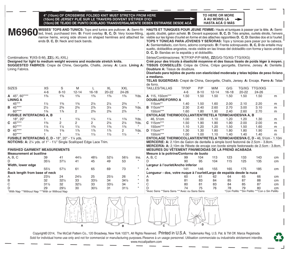 McCall's M6960 sleeveless top and tunic sewing pattern envelope