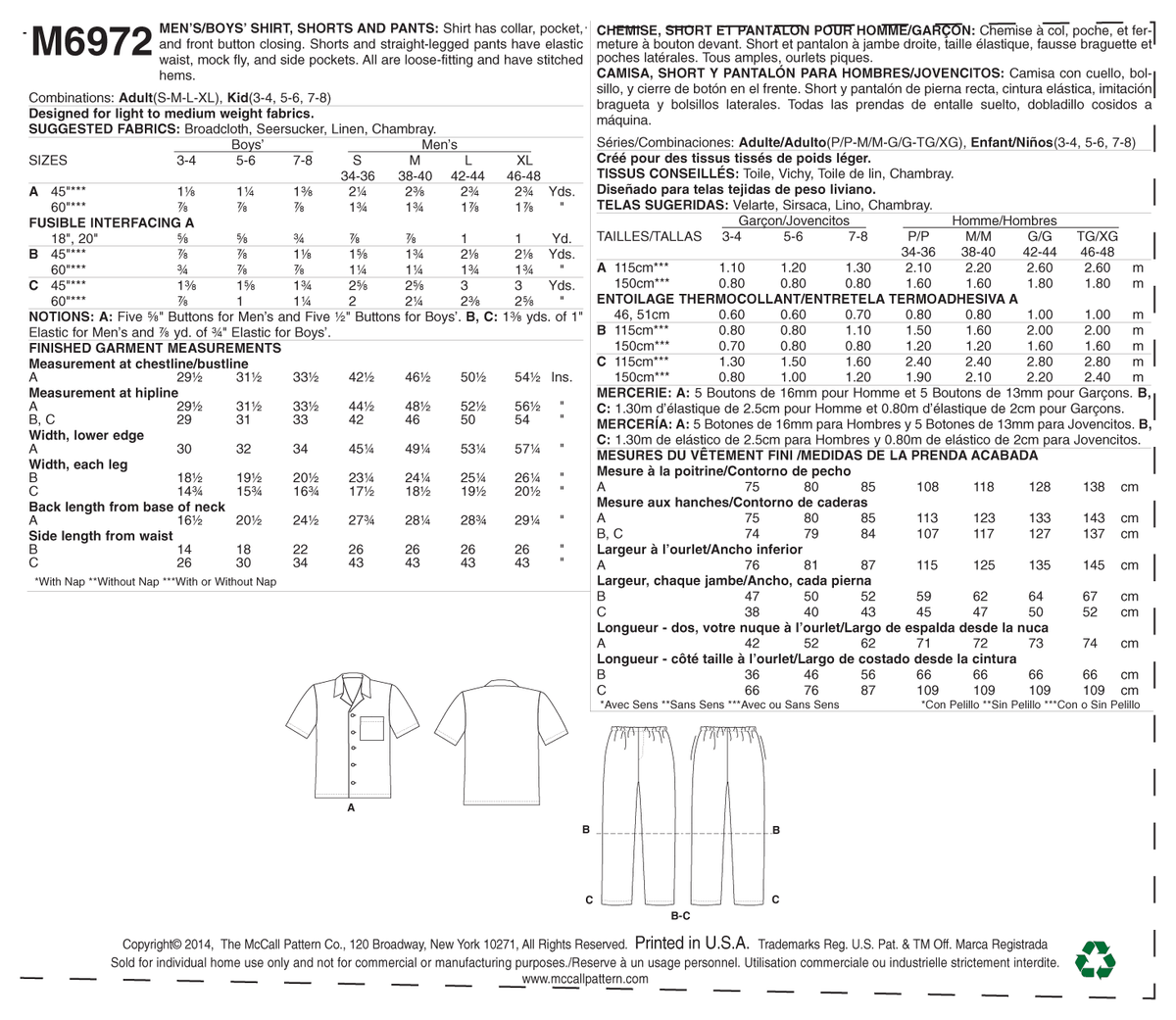 McCall's M6972 short sleeve shirt sewing pattern envelope