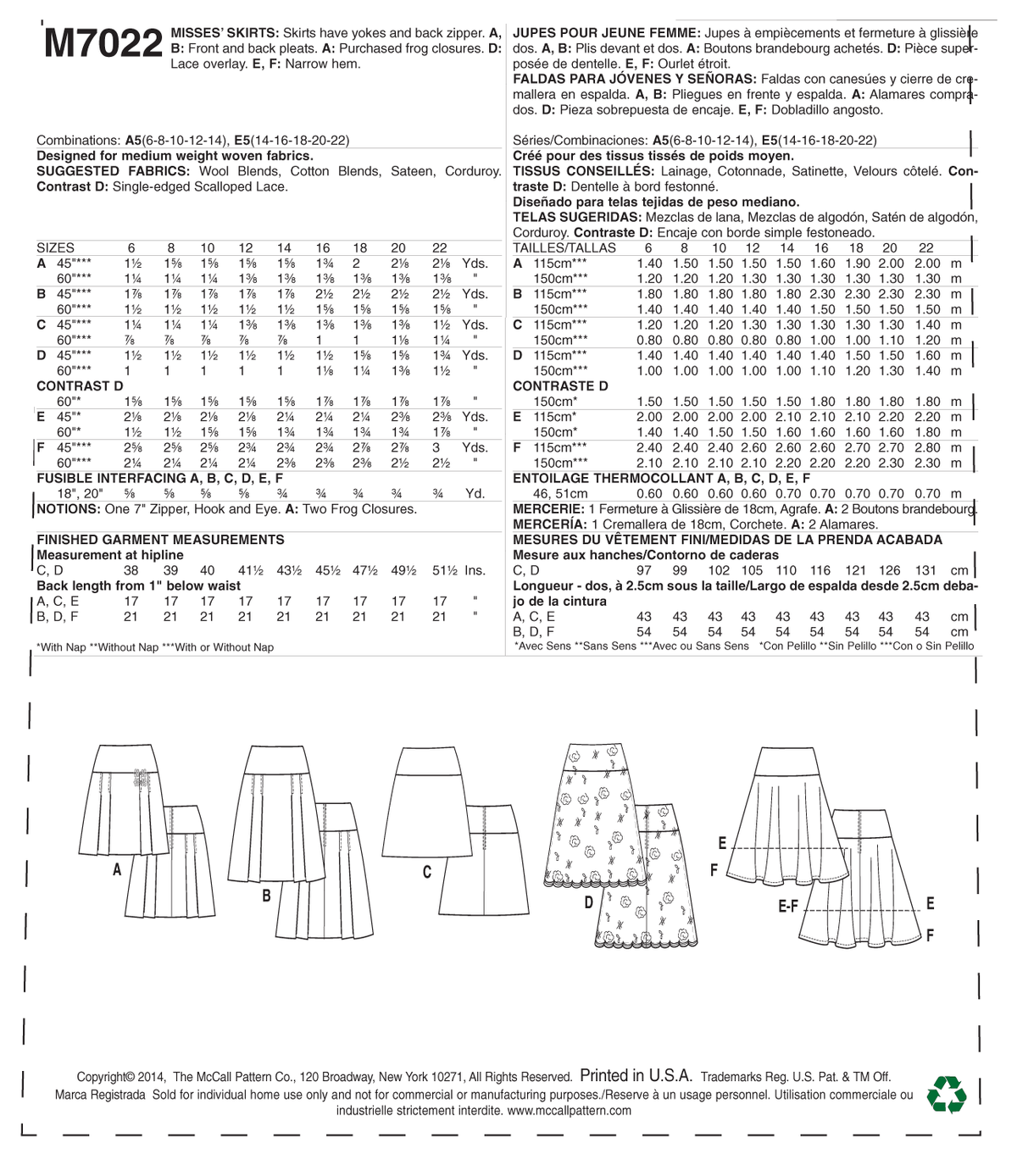 McCall's M7022 skirt sewing pattern envelope