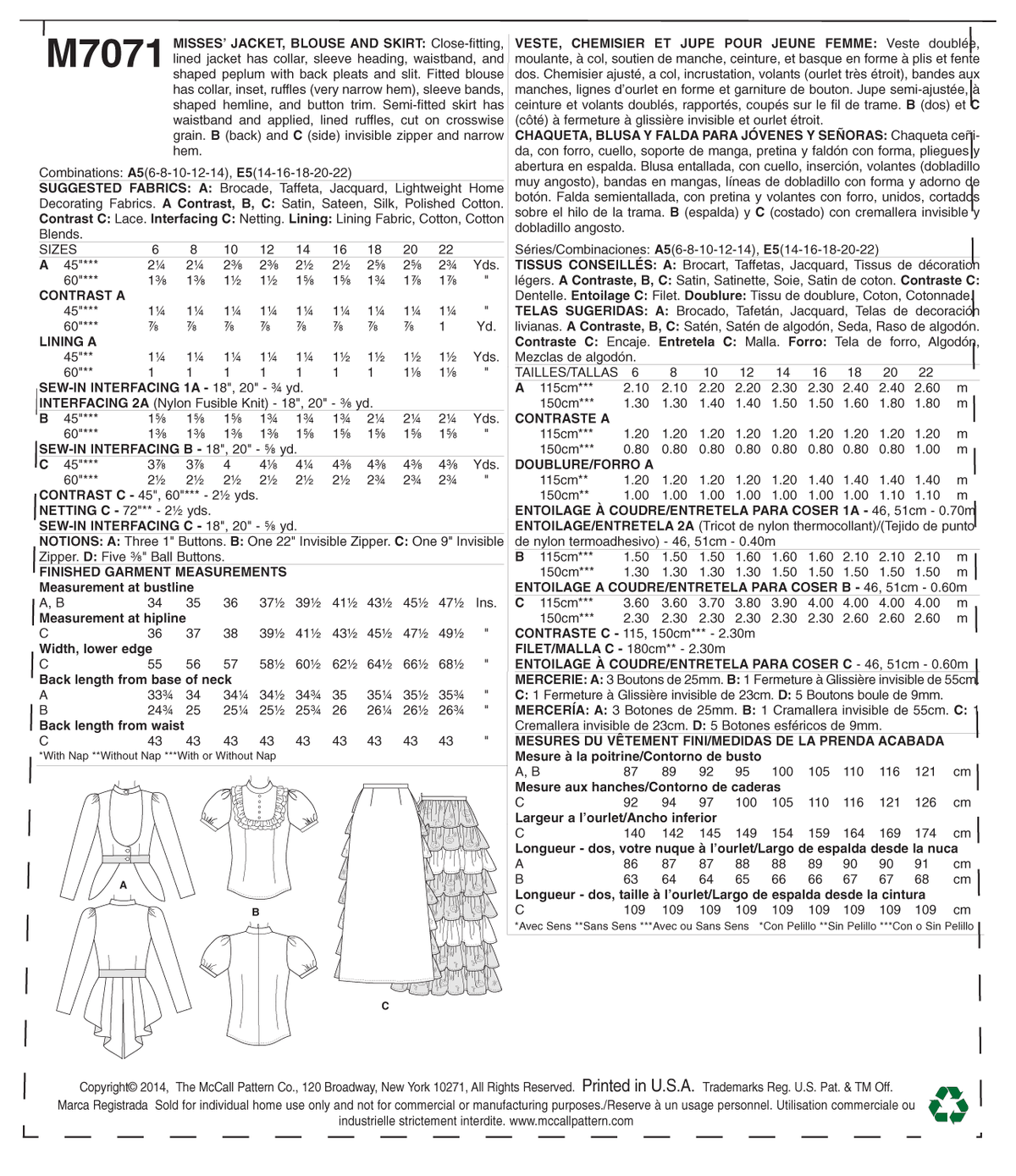 McCall's M7071 lined peplum jacket sewing pattern envelope