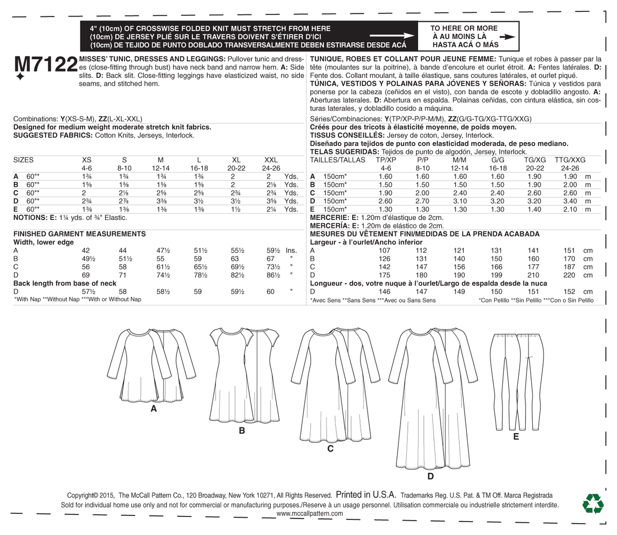 McCall's M7122 sewing pattern envelope showing pullover tunic and dress designs