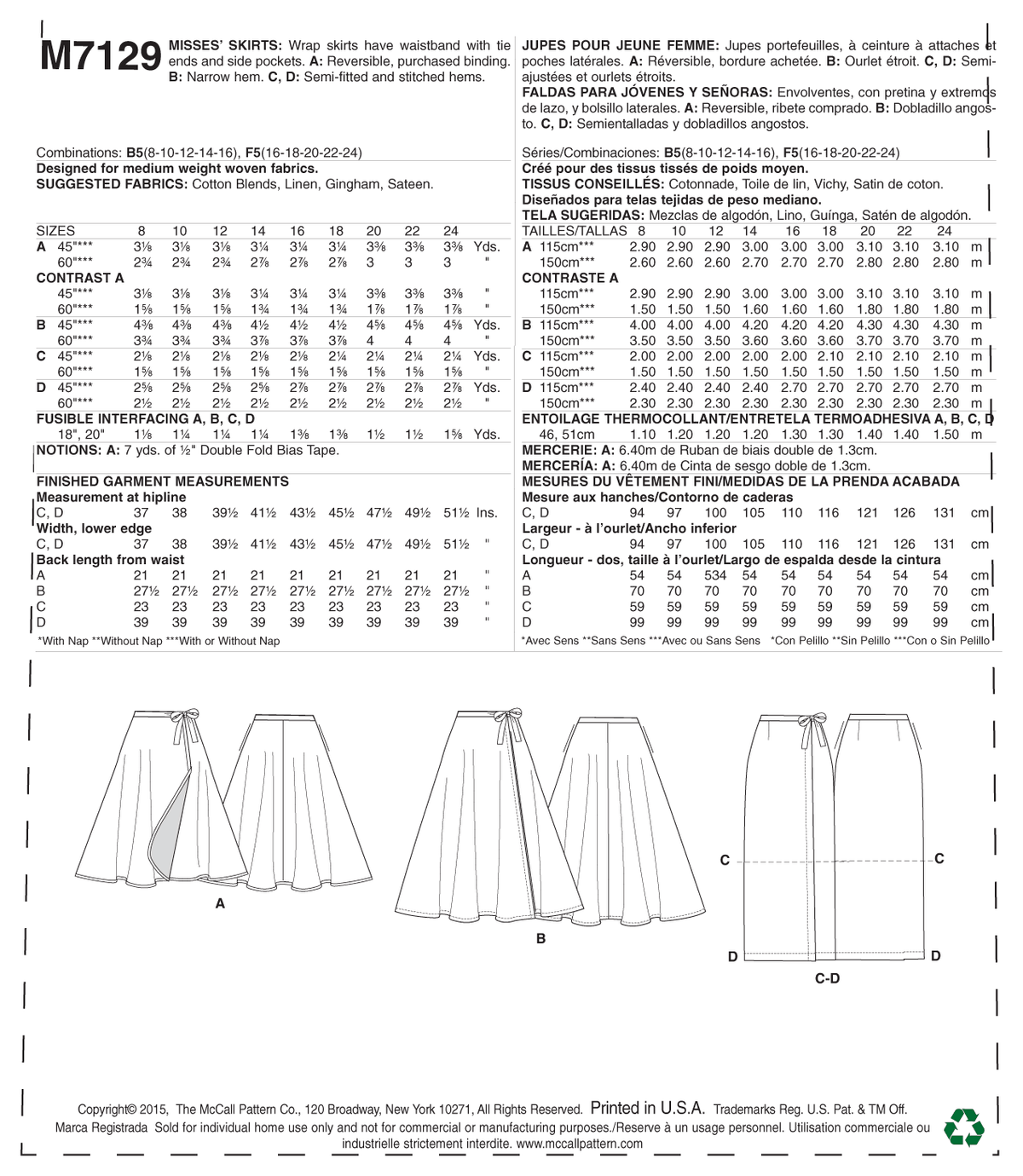 McCall's M7129 sewing pattern envelope showing wrap skirt designs