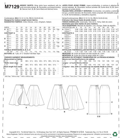 McCall's M7129 sewing pattern envelope showing wrap skirt designs