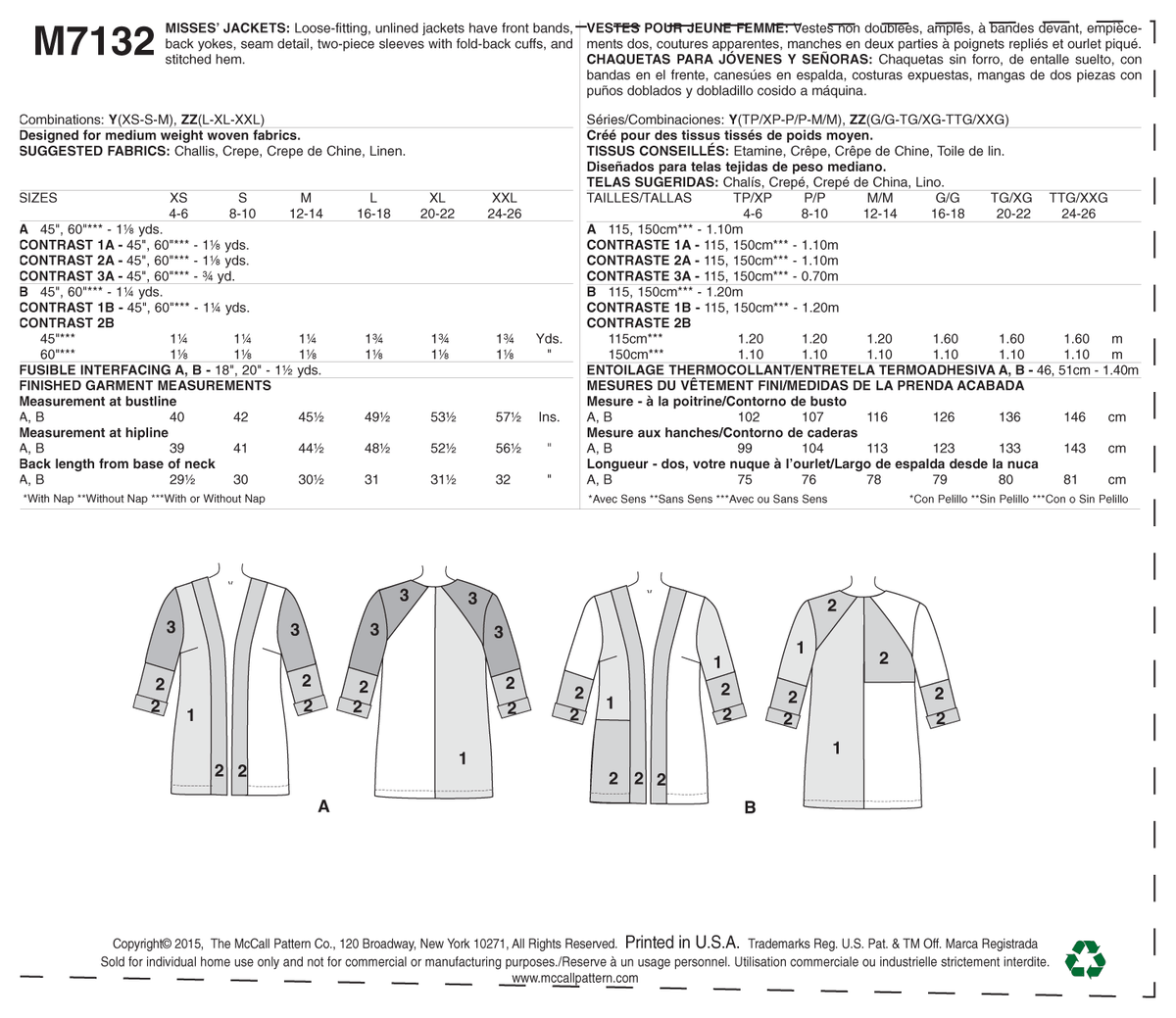 McCall's M7132 sewing pattern envelope showing unlined jacket designs