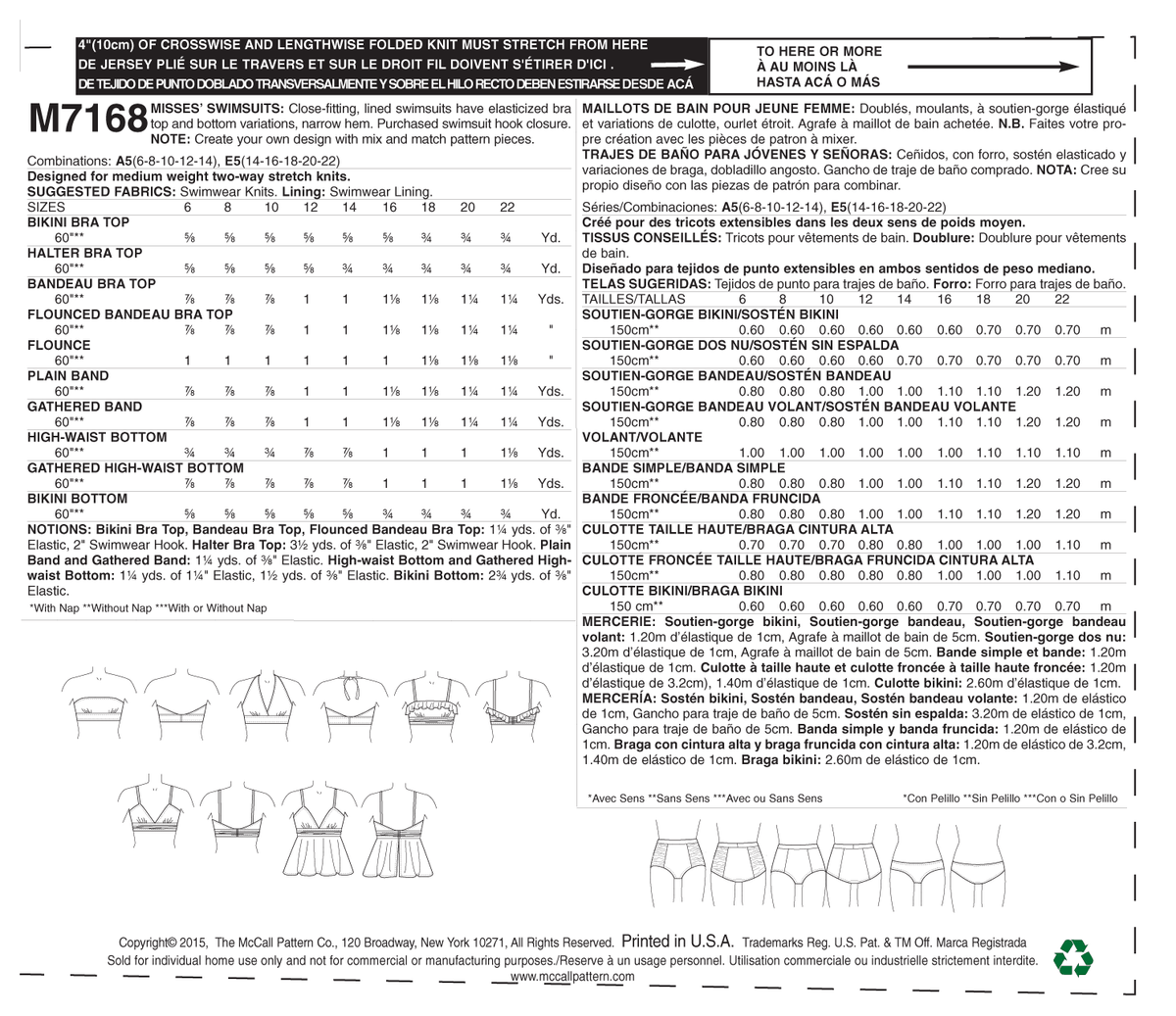 McCall's M7168 sewing pattern envelope showing lined swimsuit designs