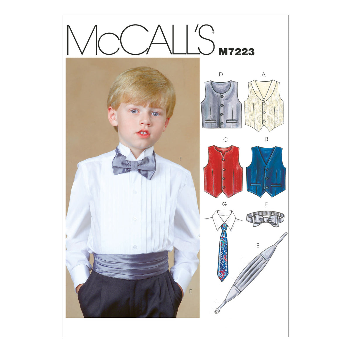 McCall's M7223 sewing pattern envelope showing boys' lined waistcoat designs