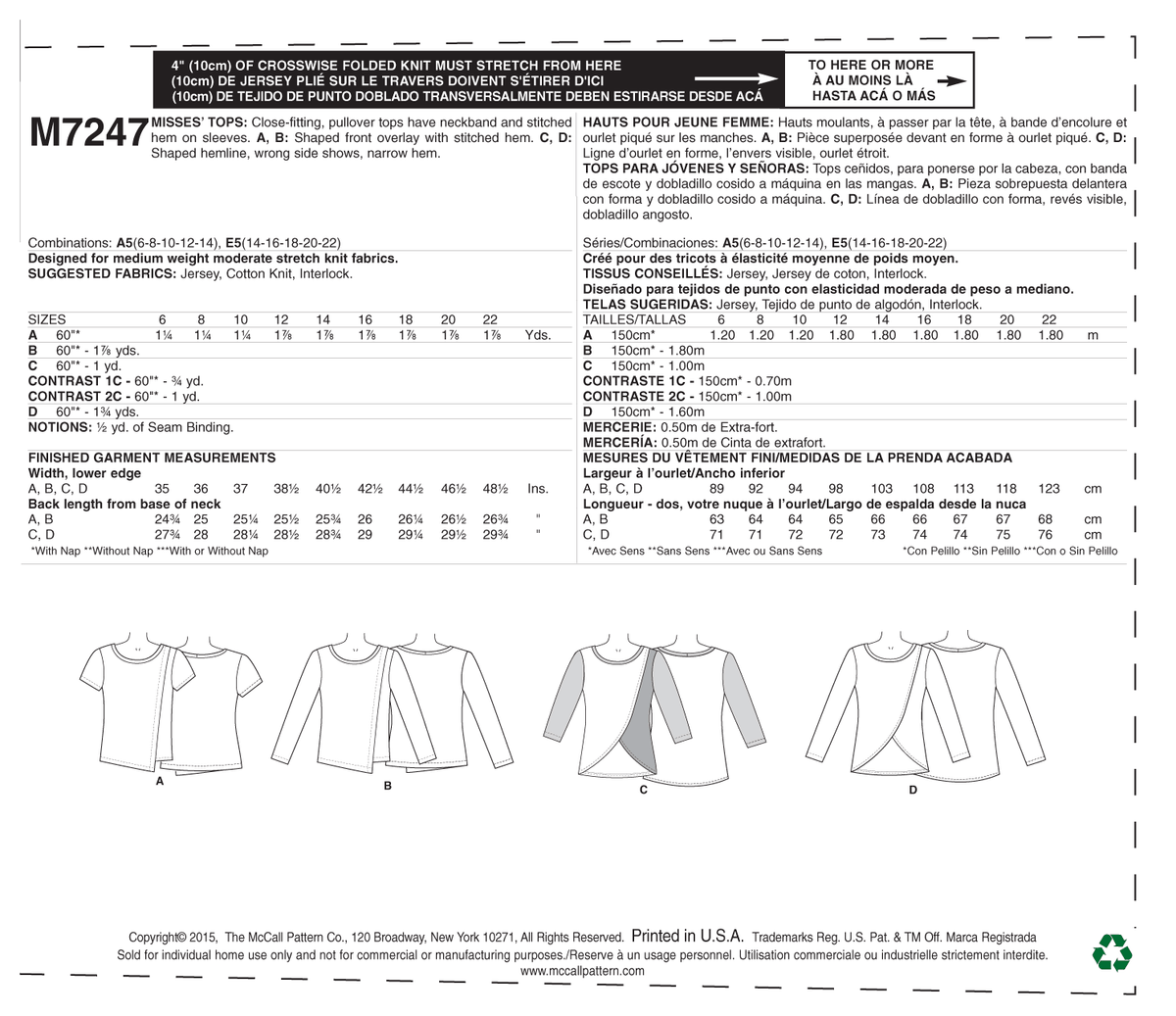 McCall's M7247 sewing pattern envelope showing close-fitting pullover top designs