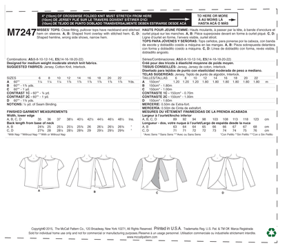 McCall's M7247 sewing pattern envelope showing close-fitting pullover top designs