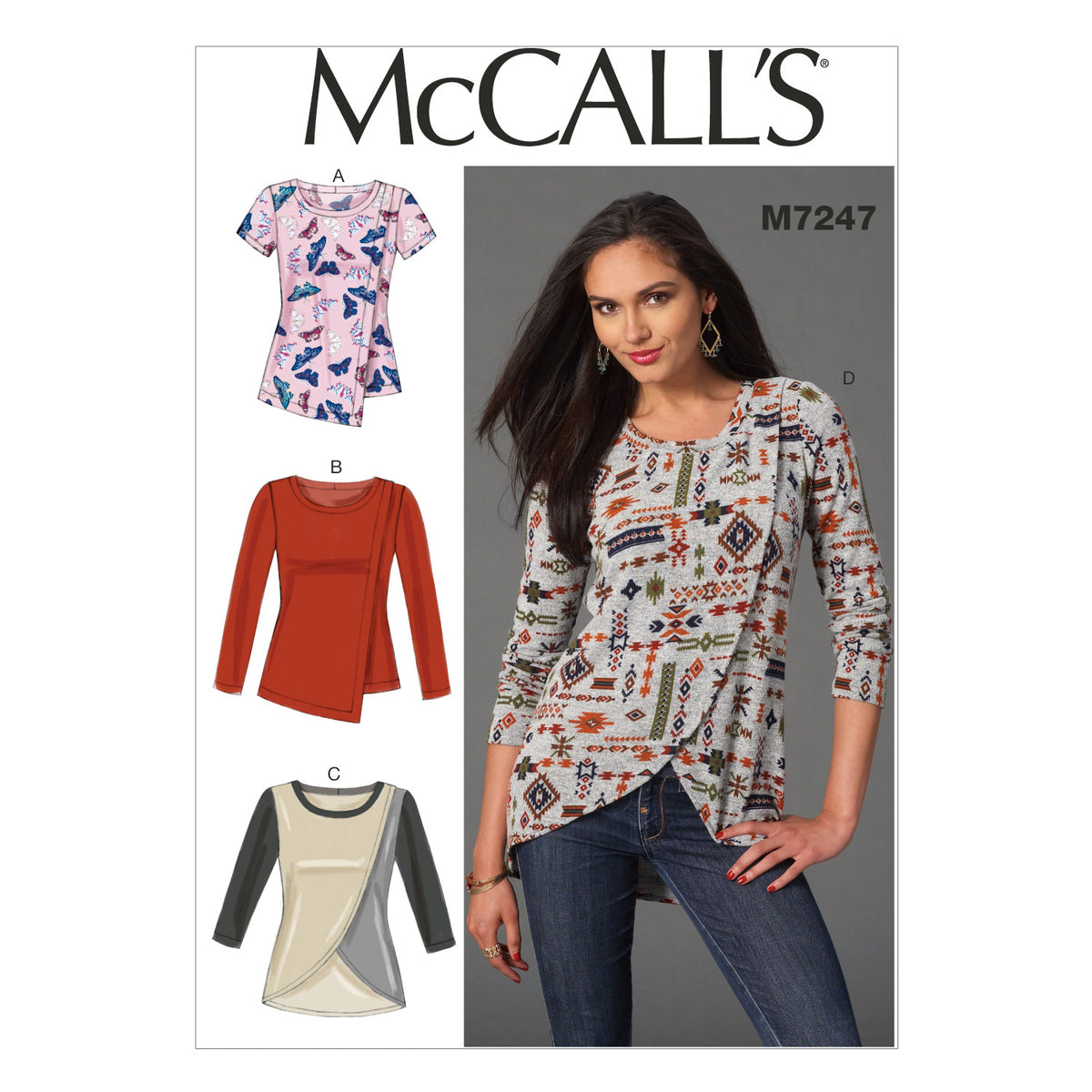 McCall's M7247 sewing pattern envelope showing close-fitting pullover top designs