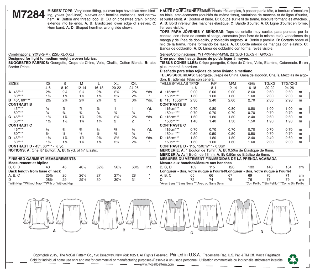 McCall's M7284 sewing pattern envelope showing loose-fitting pullover top designs