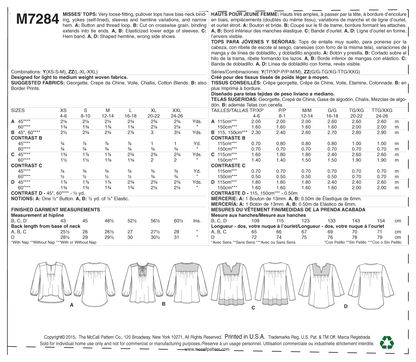 McCall's M7284 sewing pattern envelope showing loose-fitting pullover top designs