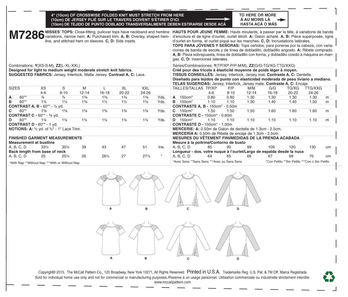McCall's M7286 sewing pattern envelope showing close-fitting pullover top designs