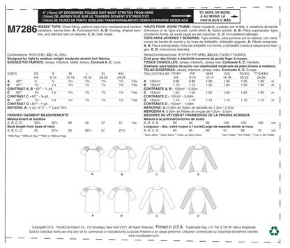 McCall's M7286 sewing pattern envelope showing close-fitting pullover top designs