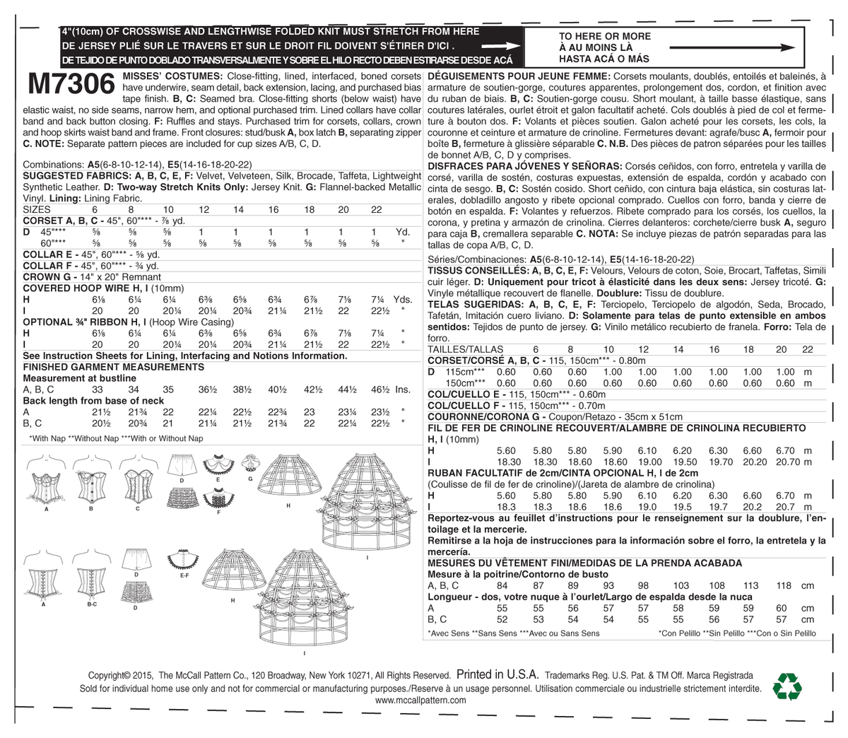 McCall's M7306 sewing pattern envelope showing boned corset designs
