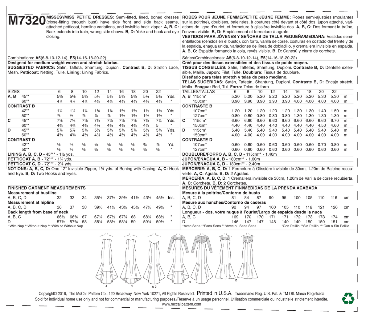 McCall's M7320 sewing pattern envelope showing boned occasion dress designs
