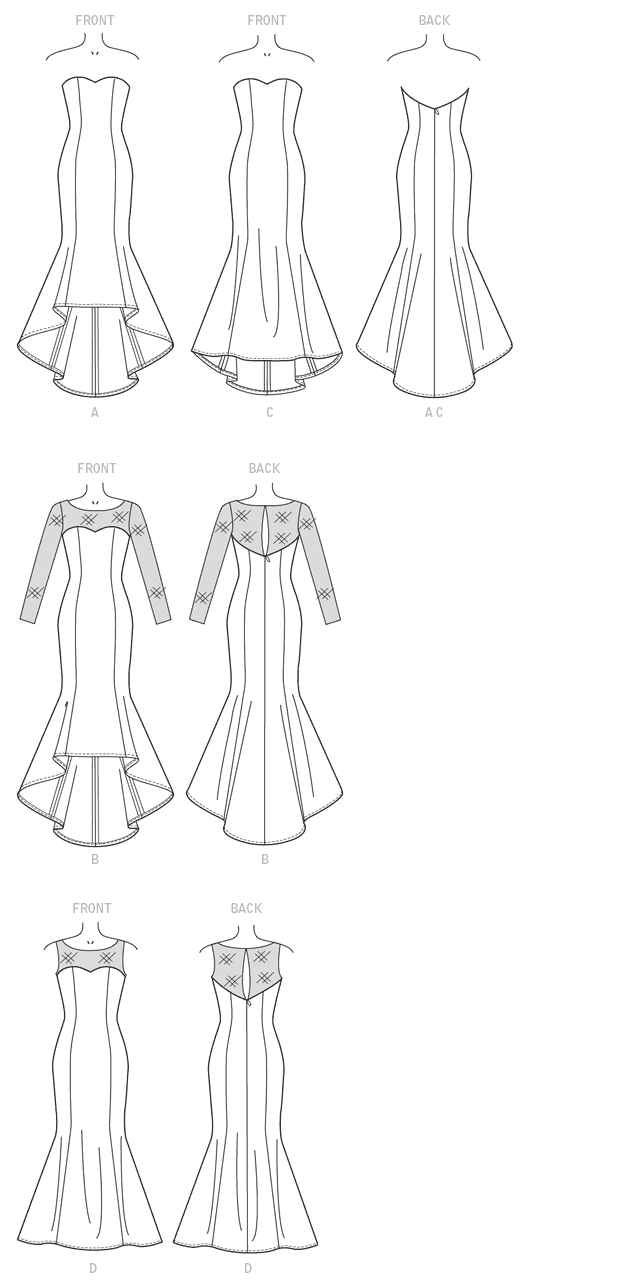 McCall's M7320 sewing pattern envelope showing boned occasion dress designs