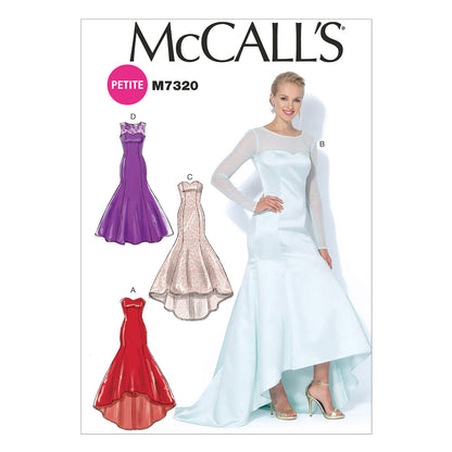 McCall's M7320 sewing pattern envelope showing boned occasion dress designs