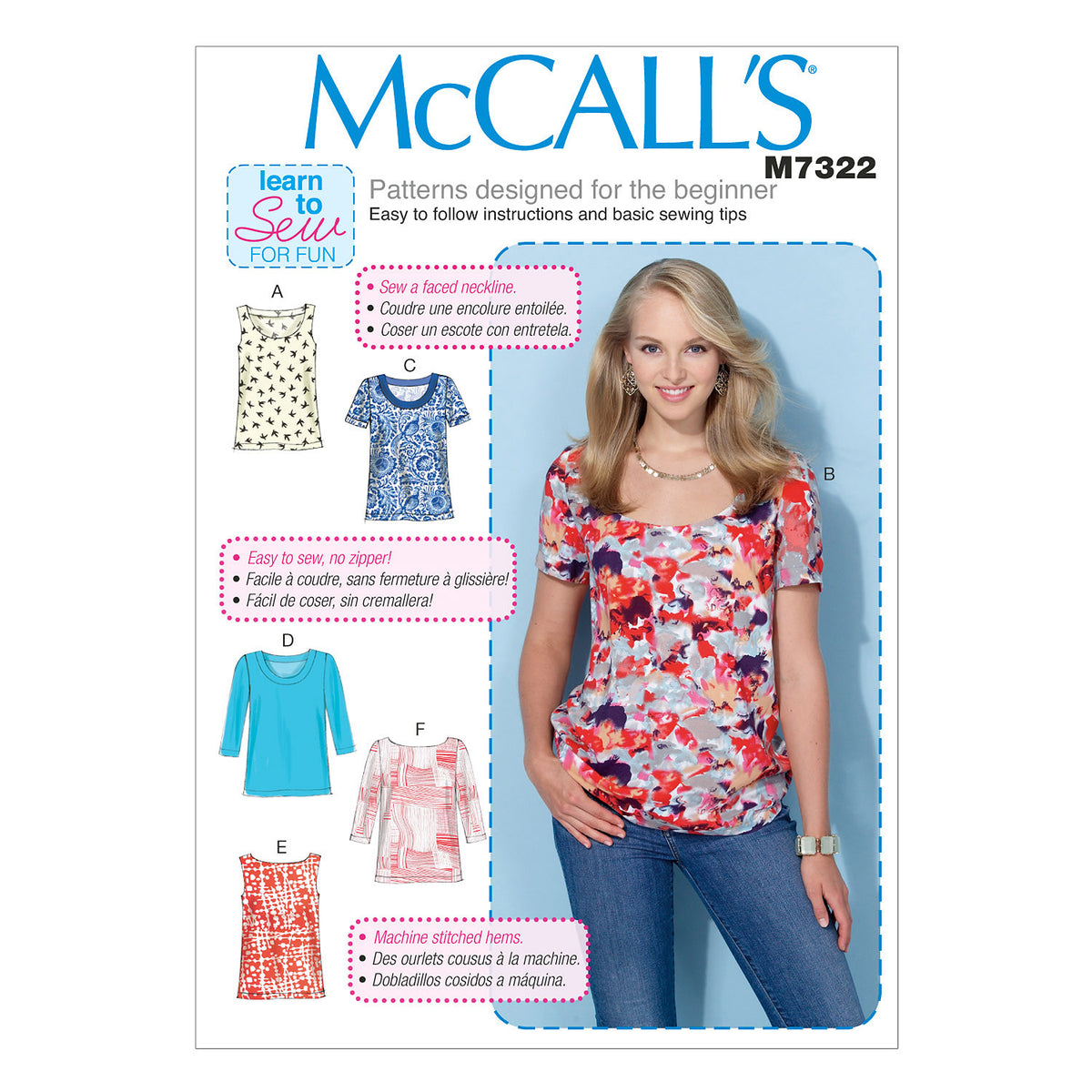 McCall's M7322 sewing pattern envelope showing semi-fitted pullover top designs
