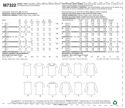 McCall's M7322 sewing pattern envelope showing semi-fitted pullover top designs