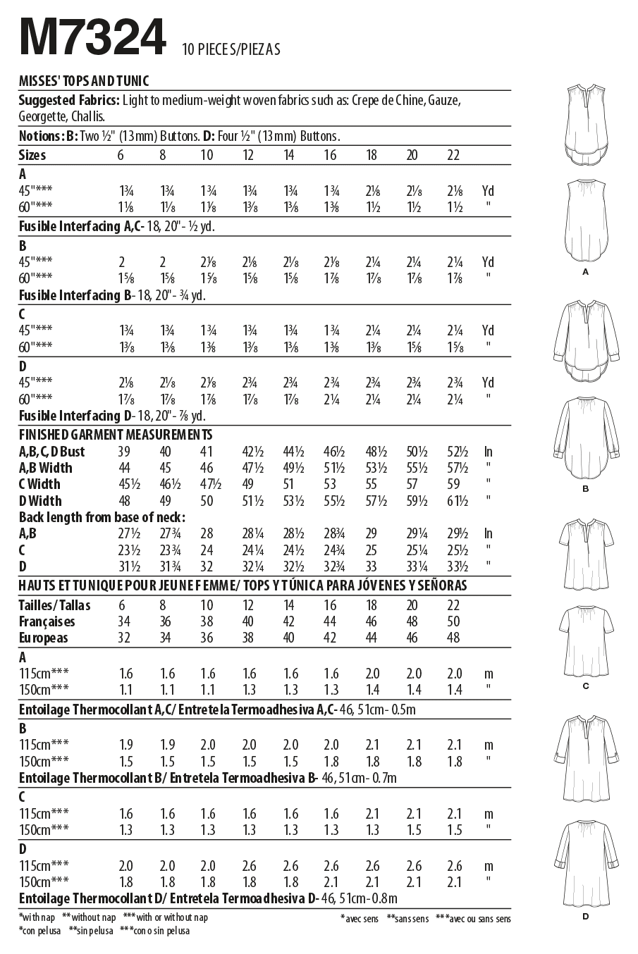 McCall's M7324 sewing pattern envelope showing pullover top and tunic designs