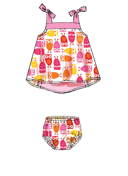 McCall's M7342 sewing pattern envelope showing sleeveless baby dresses