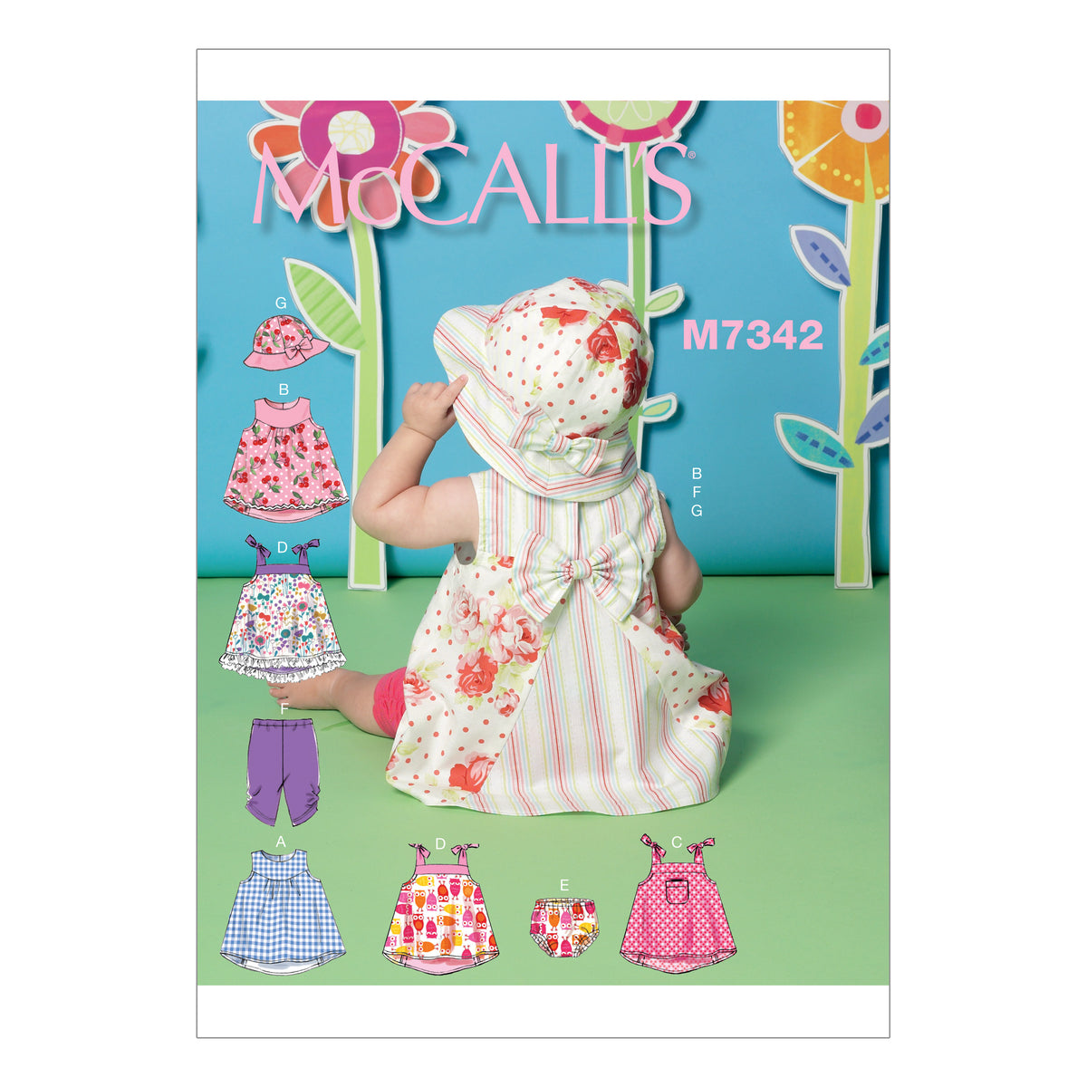 McCall's M7342 sewing pattern envelope showing sleeveless baby dresses