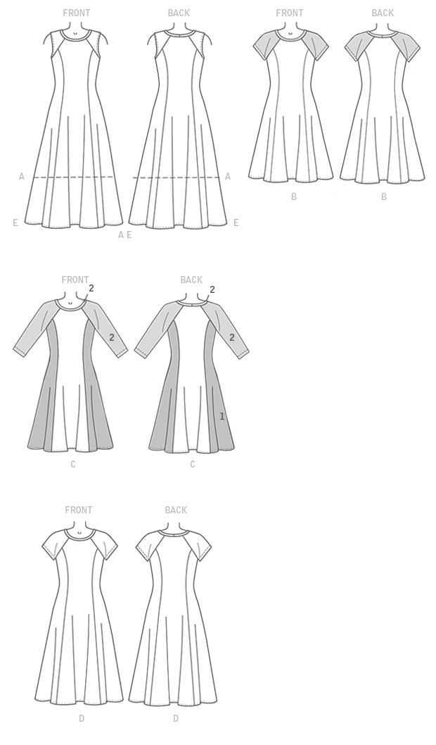 McCall's M7349 sewing pattern envelope showing pullover fit and flare dresses