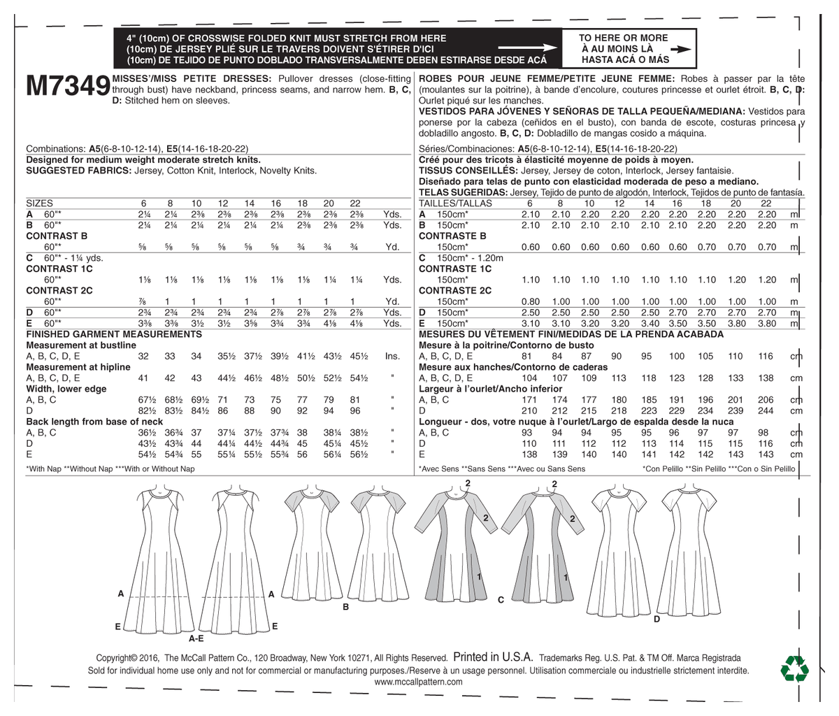 McCall's M7349 sewing pattern envelope showing pullover fit and flare dresses