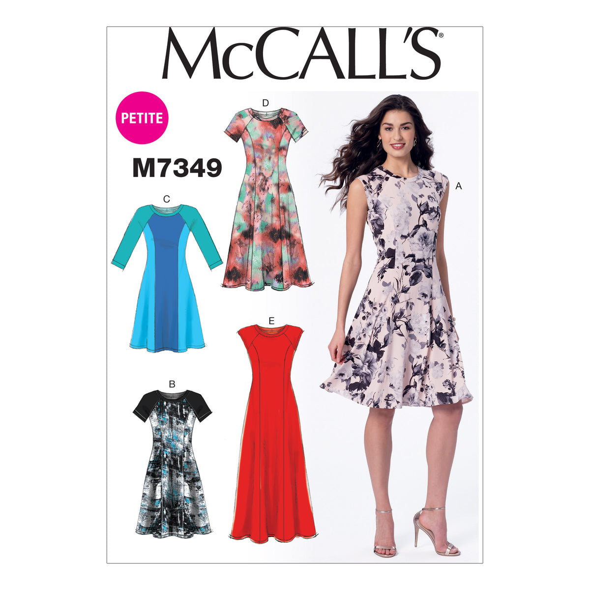 McCall's M7349 sewing pattern envelope showing pullover fit and flare dresses