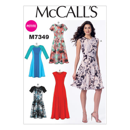 McCall's M7349 sewing pattern envelope showing pullover fit and flare dresses
