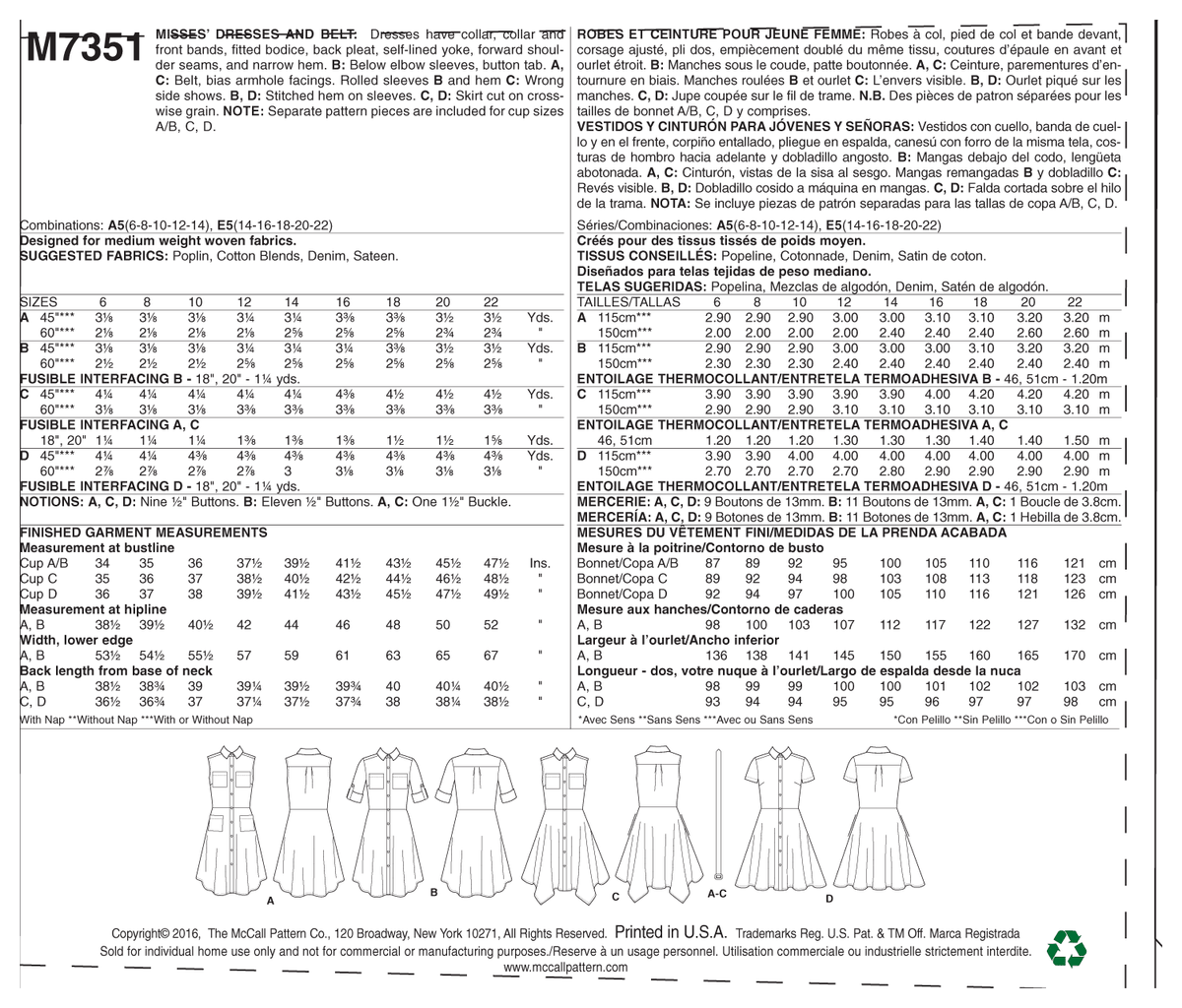 McCall's M7351 sewing pattern envelope showing dresses with a pointed collar